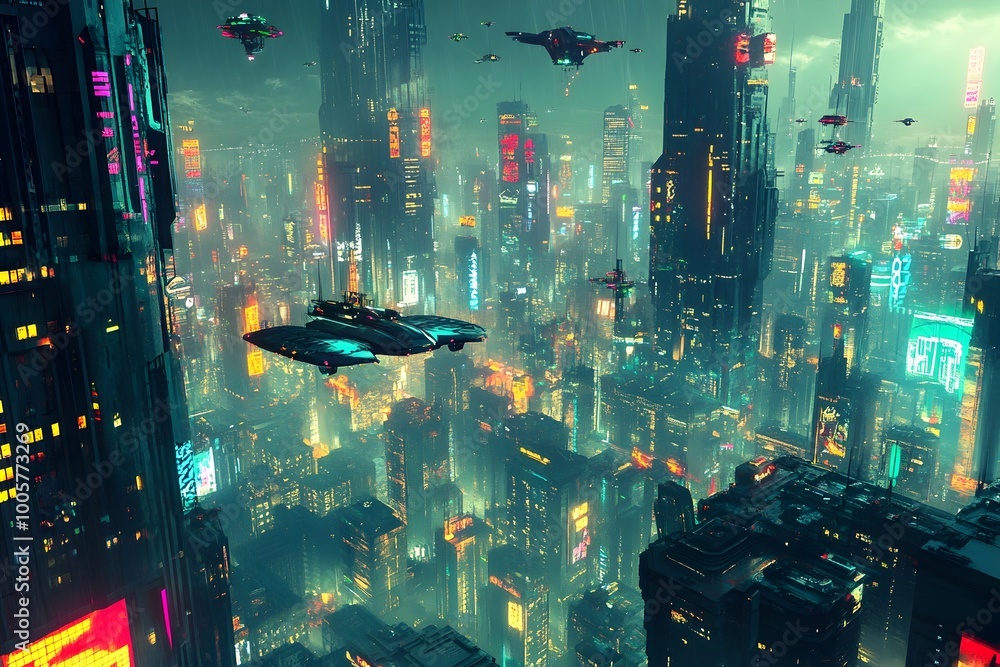 Poster dystopian vision of a pulsating neon lit megacity with towering futuristic buildings hover vehicles 