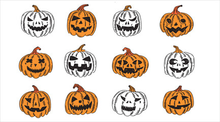 Halloween pumpkins set on white background. Hand drawn illustration.	