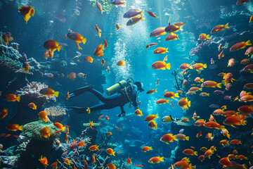 Beautiful diver goes on an underwater adventure in frighteningly deep sea