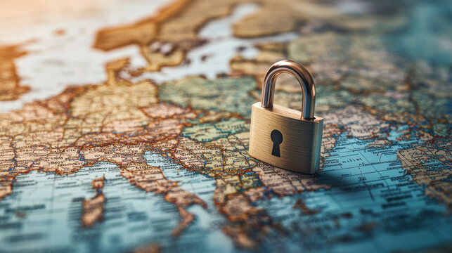 A padlock on a map of Europe represents the EU's strict data protection laws, like GDPR. It also works for other regulations like AI rules, privacy laws, and travel requirements.