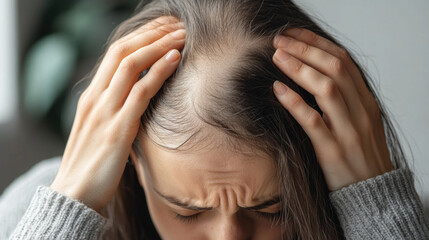 Fototapeta premium A person looks distressed, holding their head in their hands. They are clearly upset about losing their hair. Their hair is thinning, with patches of baldness visible.