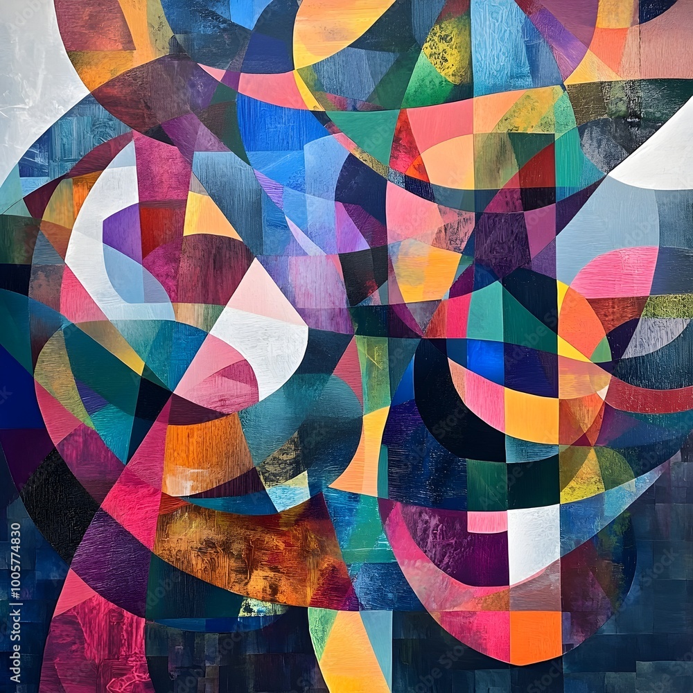 Poster intricate abstract composition featuring an array of vivid shapes and prismatic patterns layered wit