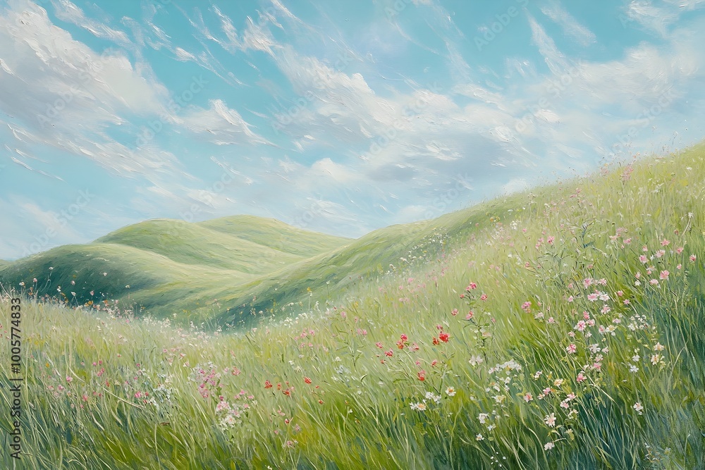 Poster a serene and tranquil pastoral scene with undulating grassy hills wispy cirrus clouds overhead and d