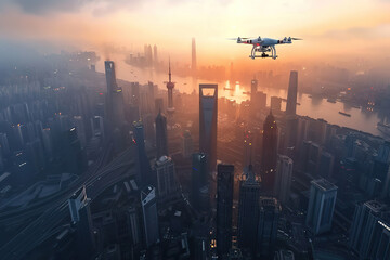 Drone flying in the sky over nature during observation