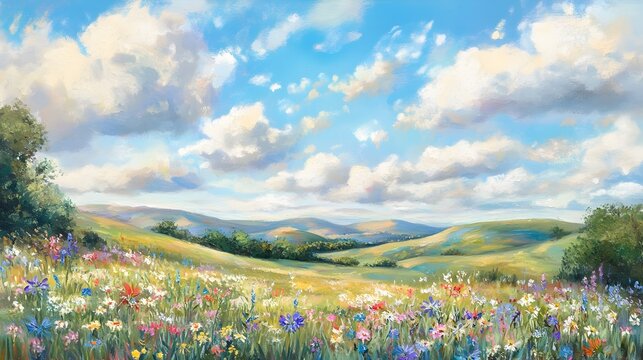 A whimsical pastel landscape featuring fluffy clouds rolling hills playful meadows and vibrant wildflowers in a serene and dreamlike countryside setting with soft
