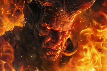 Scary sinister devil is in hell with dramatic fire lighting on the background