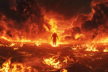 Scary sinister devil is in hell with dramatic fire lighting on the background