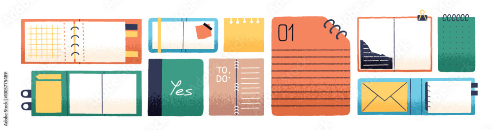 Poster set of different colored notebooks. various open paper notepads top view. planners, organizer, perso