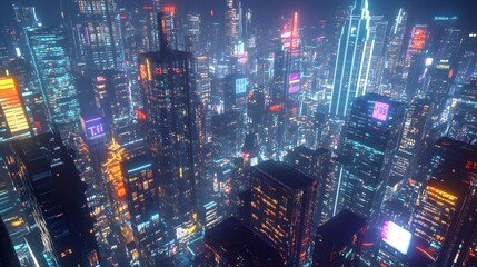 Glittering neon drenched cityscape of a vibrant cyberpunk inspired metropolis at night  Towering skyscrapers and futuristic retrofuturistic architecture fill the luminous dynamic urban landscape