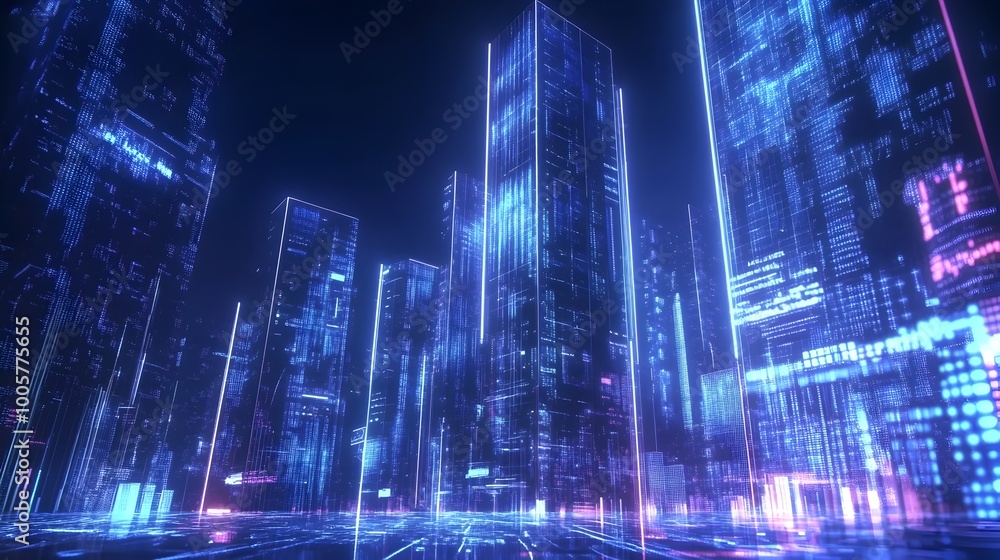 Poster Augmented Reality Business Presentation with Glowing Holographic Graphs and Corporate Skyscraper Backdrop  High tech digital visualization tools and futuristic interface for data analysis