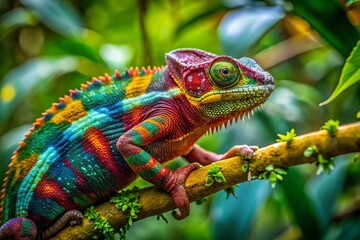 In a vivid jungle setting, a colorful chameleon camouflages itself on a tree branch, perfectly merging with the