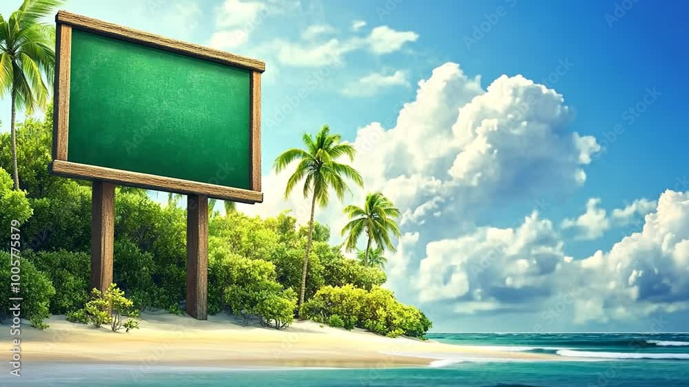 Poster empty beach with a large blank sign under a bright sky generative ai