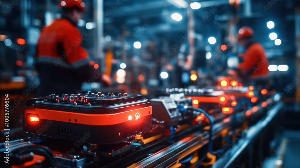 Poster image showcases modern industrial setting with automated machinery and workers in red uniforms. scen