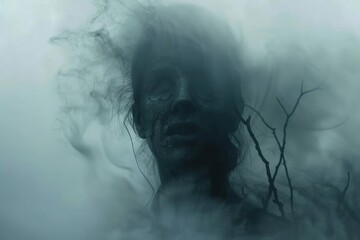 Scary sinister zombie wandering in street with lighting on Halloween