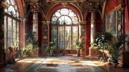 Obraz premium Grand Hall Interior with Ornate Details and Sunlight Streaming Through Large Windows