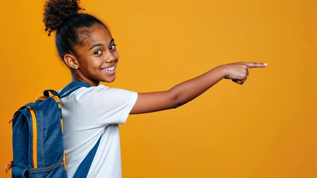 Smiling girl with backpack pointing on vibrant orange background