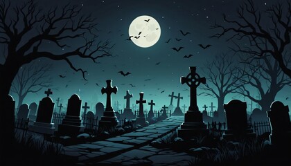 Horror scary cemetery at night with moon background