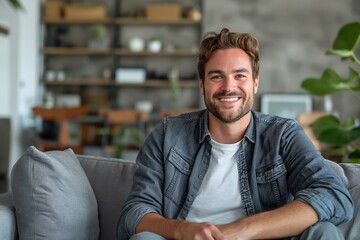 A smiling fintech founder sitting comfortably in a modern workspace, exuding confidence and enthusiasm during a casual meeting