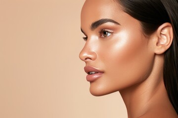 Naklejka premium Portrait of a woman with sleek, straight brown hair and glowing skin, highlighting her natural beauty and radiant complexion.