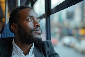 Obraz premium A black man gazes thoughtfully out the window of a bus during his journey through a bustling city street