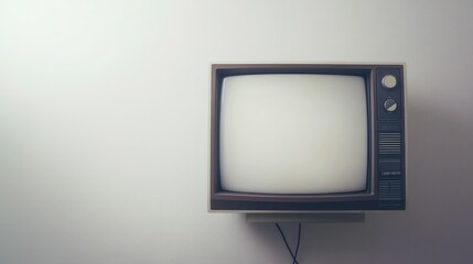 Fototapeta premium Close-up of a television screen displaying a blank white image, positioned against a white background for a clean, simple visual aesthetic.