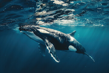 Fototapeta premium Fantastically beautiful majestic huge whale in ocean