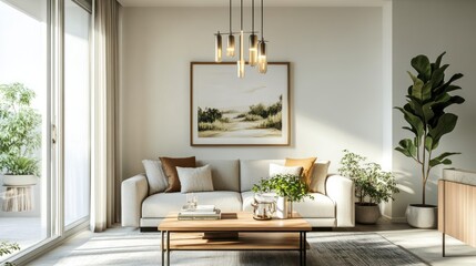 Fototapeta premium A modern living room with a cozy sofa, plants, and artwork, designed for relaxation.