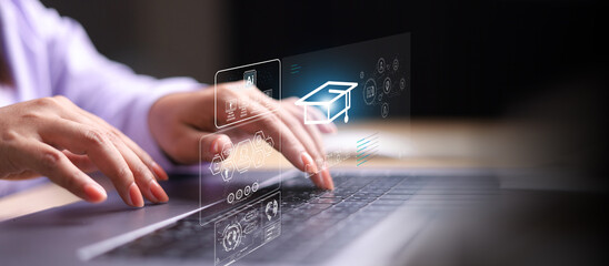 E-learning program certificate and online education learning workshop training.Male and female students icons virtual screen and Video lesson online classes on the internet.