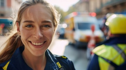 A woman wearing a blue uniform with a smile on her face