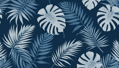 Monochromatic Blue Tropical Palm Leaves on Minimalist Background