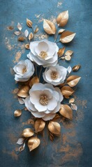 Fototapeta premium Elegant 3D paper art of simple floral wall decor with white flowers and golden leaves on textured background