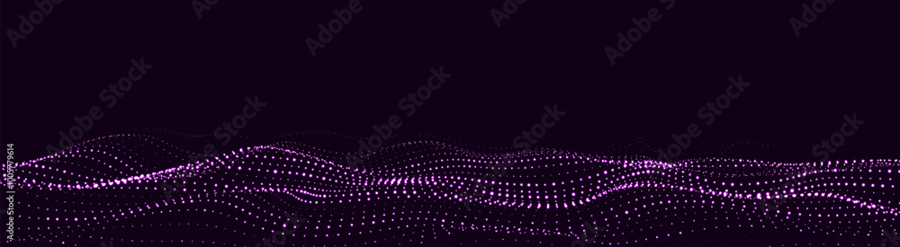 Poster dynamic purple bright particle wave. futuristic point glowing wave. flow digital structure. data tec