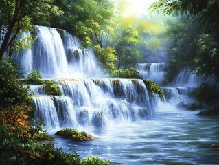 Obraz premium Captivating Tropical Rainforest Landscape with Cascading Waterfalls Meandering River and Diverse Flora and Fauna Impressionist Influenced Oil Painting Style in High Definition