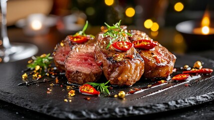Sun-dried Wagyu, artfully arranged on a sleek black slate plate, topped with thinly sliced chili peppers and garnished with edible gold flakes