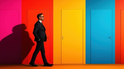 Fototapeta premium A businessman walks past colorful doors, symbolizing choices and opportunities, against a vibrant background.