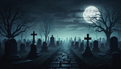 Horror scary cemetery at night with moon background