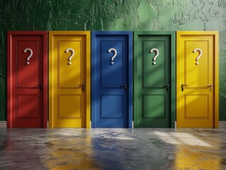 Question marks on five doors of different colors - ai