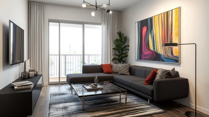 Fototapeta premium Modern living room with a sleek design, featuring a large window and vibrant artwork.