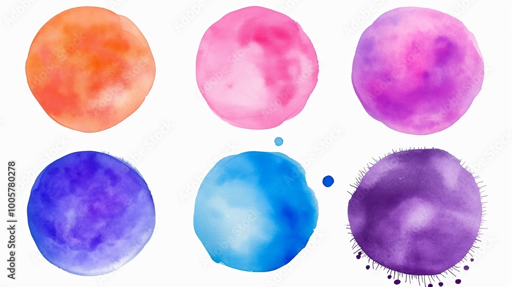 Poster set of six different colored circles, each with a unique hue. the circles are arranged in a row, wit