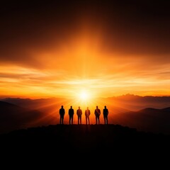 Fototapeta premium Silhouetted figures stand in unity against a breathtaking sunset, creating a serene and evocative scene filled with natural beauty.