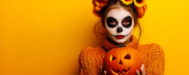 Celebrating Halloween or Day of the dead. Woman with Mexican-style face art poses with glowing pumpkin on orange background in studio. Woman with sugar skull with bright make-up and peony wreath.