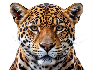Obraz premium Isolated on a white background, the stunning jaguar head embodies the fierce beauty of nature, exuding strength and