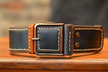 A black leather belt with a gold buckle. The buckle is in the middle of the belt and is slightly larger than the rest of the belt