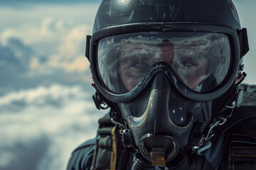 Parachutist with parachute makes heavenly adventure against backdrop of landscape