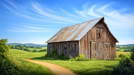Obraz premium Rustic weathered wooden barn set against a tranquil pastoral backdrop of lush green fields rolling hills and a clear blue sky with wispy clouds capturing the essence of Americana countryside