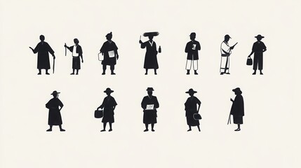  Some are ancient farmers, others are 19th-century factory workers or modern digital nomads. The body shapes and actions vary, but all are drawn in clean, simple lines.