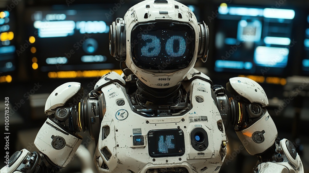 Poster a futuristic robot with a white exoskeleton and a blue digital display on its helmet.