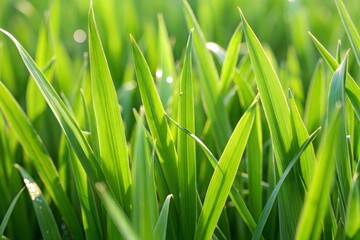 Obraz premium Sunlit green grass blades in field close-up