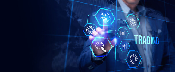 Trading word on digital screen, global communication concept.