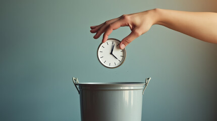 Conceptual Image of Time Management Failure - Clock Thrown into Trash, Symbolizing Wasted Time and Productivity